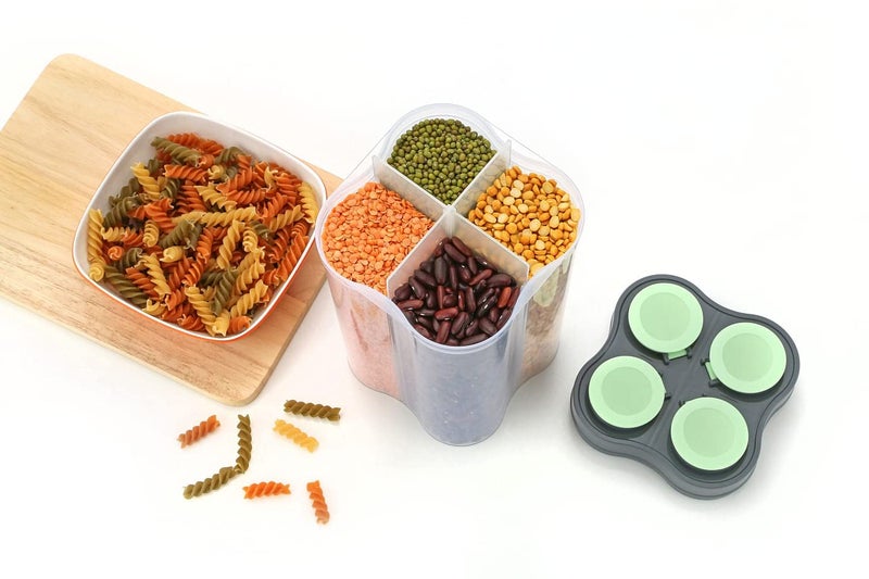 Tosaa Airtight Transparent Plastic Lock Food Storage 4 Section Container Jar for Grocery, Fridge Container Pack of 1, 2500ML- Green - Image 2