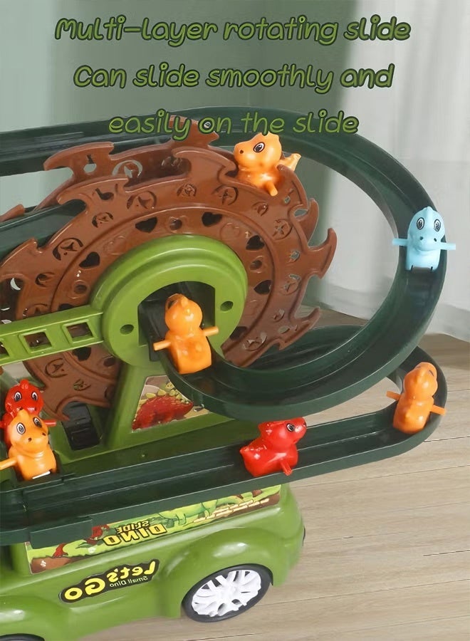 مجموعة ألعاب 2 في 1: مسار انزلاق الديناصورات وقطار الملاهي مع إضاءة وموسيقى | شاحنة ديناصور، عجلة دوارة، 3 مسارات سباق ولعبة تسلق السلالم | هدية عيد ميلاد للأطفال الصغار من عمر 3 إلى 8 سنوات - Image 5