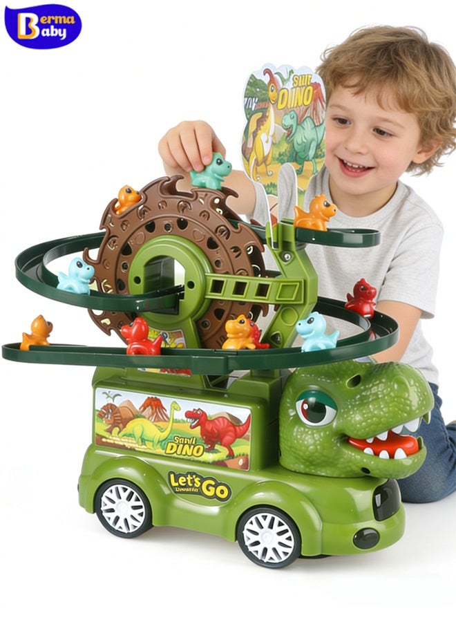 مجموعة ألعاب 2 في 1: مسار انزلاق الديناصورات وقطار الملاهي مع إضاءة وموسيقى | شاحنة ديناصور، عجلة دوارة، 3 مسارات سباق ولعبة تسلق السلالم | هدية عيد ميلاد للأطفال الصغار من عمر 3 إلى 8 سنوات - Image 1