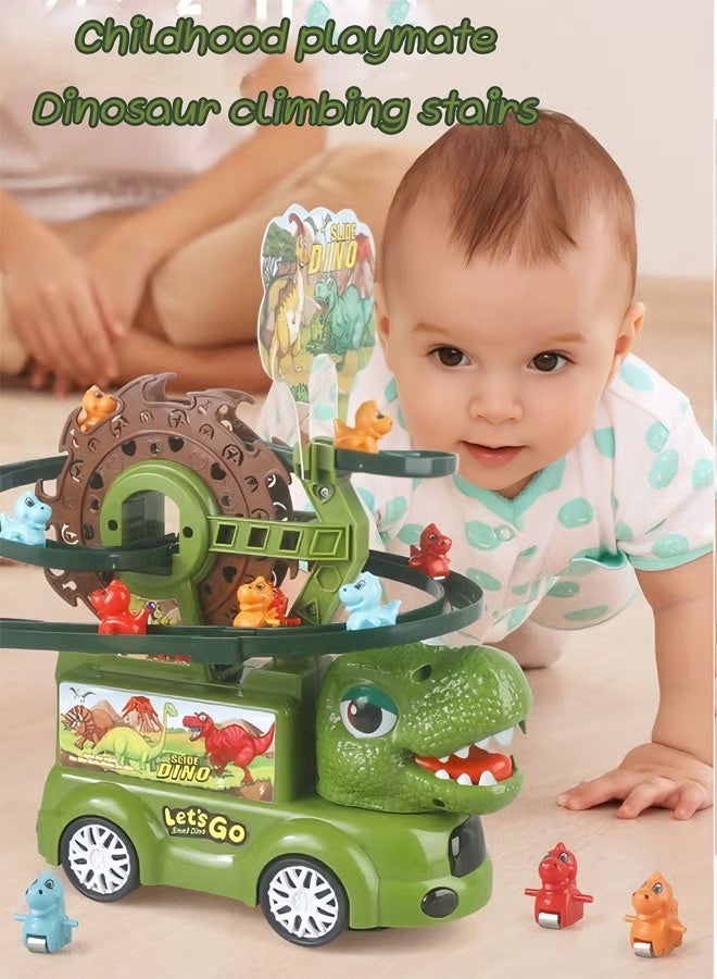 مجموعة ألعاب 2 في 1: مسار انزلاق الديناصورات وقطار الملاهي مع إضاءة وموسيقى | شاحنة ديناصور، عجلة دوارة، 3 مسارات سباق ولعبة تسلق السلالم | هدية عيد ميلاد للأطفال الصغار من عمر 3 إلى 8 سنوات - Image 3