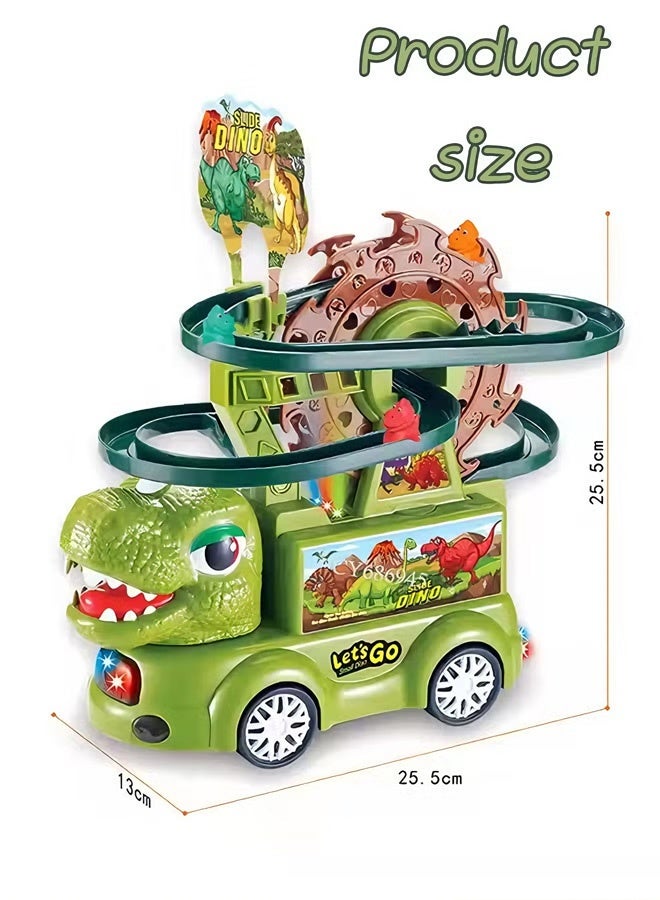 مجموعة ألعاب 2 في 1: مسار انزلاق الديناصورات وقطار الملاهي مع إضاءة وموسيقى | شاحنة ديناصور، عجلة دوارة، 3 مسارات سباق ولعبة تسلق السلالم | هدية عيد ميلاد للأطفال الصغار من عمر 3 إلى 8 سنوات - Image 2