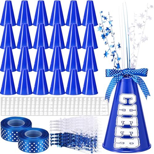 Rotatingpals 24 Pcs Blue Cheer Megaphone Bulk Plastic DIY Megaphone Party Accessory Cheerleading Centerpiece Decor for School Cheers Sports Match Game Outdoor Activities Blue White Table Decor - Image 1