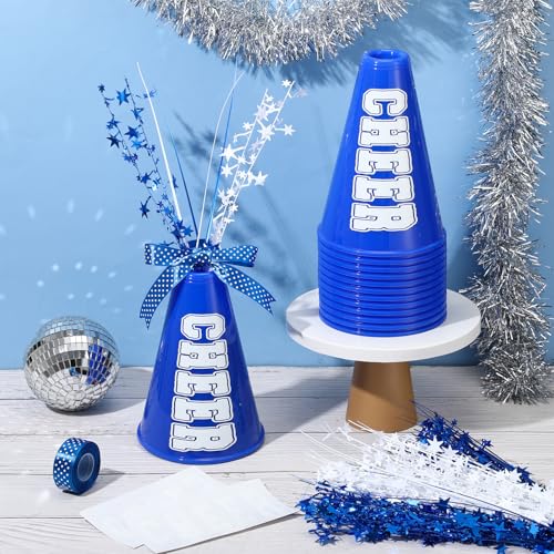 Rotatingpals 24 Pcs Blue Cheer Megaphone Bulk Plastic DIY Megaphone Party Accessory Cheerleading Centerpiece Decor for School Cheers Sports Match Game Outdoor Activities Blue White Table Decor - Image 5