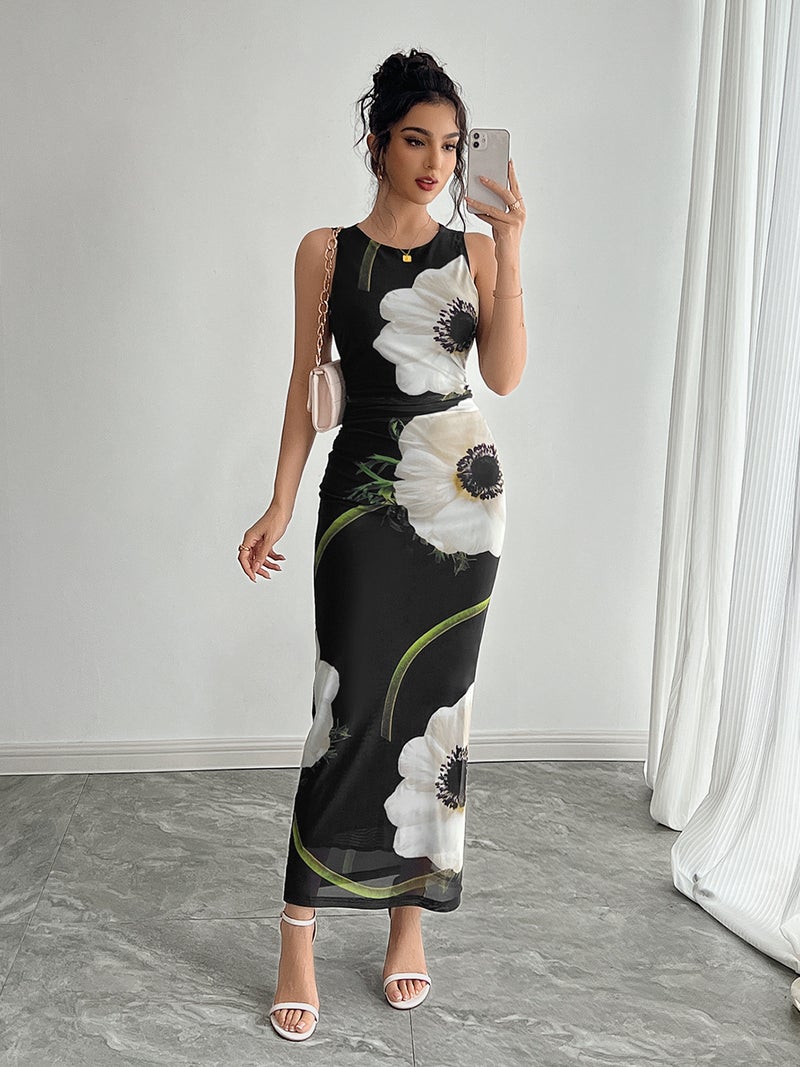 Women's Sleeveless Mesh Printed Maxi Dress - Image 3