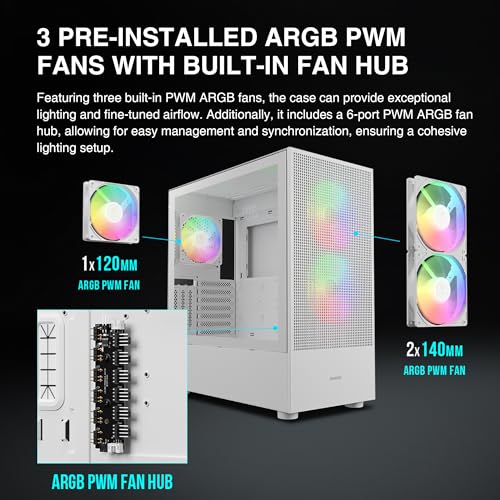 Gamdias White E-ATX Mid Tower Gaming Computer PC Case w/Tempered Glass, USB Type-C, Built-in 2x140mm & 1x120mm PWM ARGB Fans, Up to Radiators/AIO 360mm, 390mm GPU/VGA RTX 40 Series, 180mm CPU Cooler - Image 4