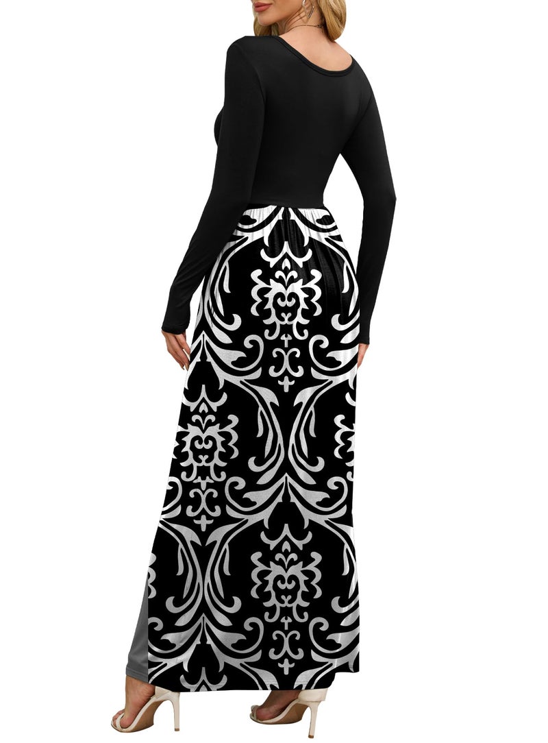 DEARCASE Maxi Dress for Women Black White Large Round Neck Boho Long Sleeves Teacher A-line Casual Hawaiian Empire Waist Flowy Party Vintage Spring Fall Winter Floor Dresses with Pocket - Image 2