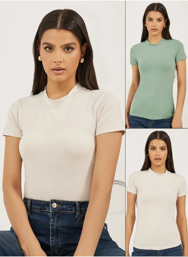 ستايلي Pack of 2 - Cotton Stretch Fitted High Neck T-Shirt