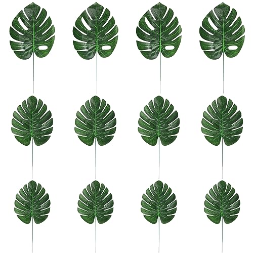 CCINEE 24PCS Green Artificial Palm Leaves Faux Monstera Leaves Simulation Safari Leaves with Stems for Home Hawaiian Luau Party Jungle Beach Theme Party Decoration - Image 1