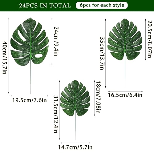 CCINEE 24PCS Green Artificial Palm Leaves Faux Monstera Leaves Simulation Safari Leaves with Stems for Home Hawaiian Luau Party Jungle Beach Theme Party Decoration - Image 3