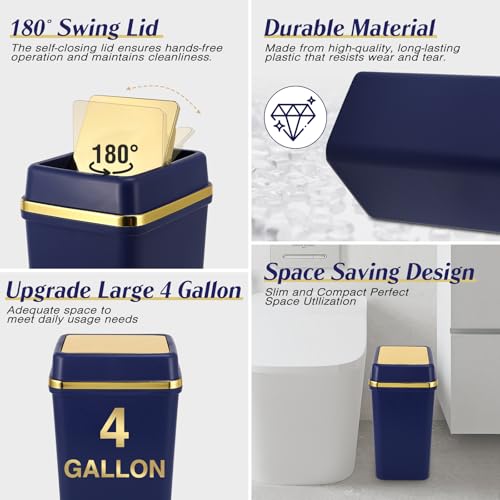 WSBArt Bathroom Trash Can with Lid 4 Gallon Trash Can with Swing Lid Navy Blue Small Garbage Can Bathroom Garbage Can with 300 Counts Trash Bags for Kitchen Bedroom Office - Image 2