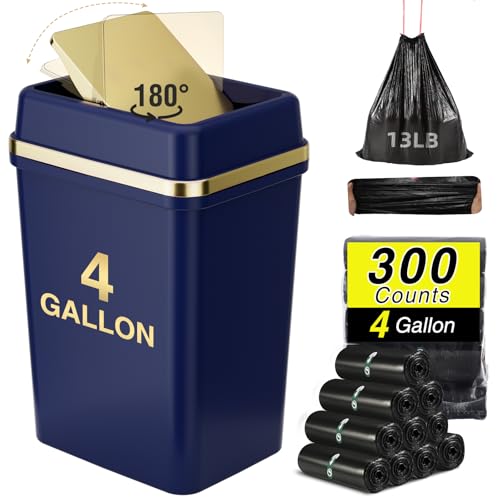 WSBArt Bathroom Trash Can with Lid 4 Gallon Trash Can with Swing Lid Navy Blue Small Garbage Can Bathroom Garbage Can with 300 Counts Trash Bags for Kitchen Bedroom Office - Image 1