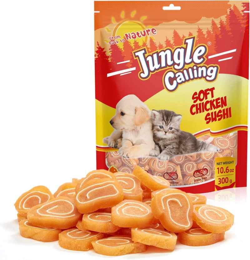 Jungle Calling Soft Chicken & Codfish Cat & Dog Treats, High Protein Pet Snacks for Small & Medium Dogs & Cats, Chewy Chicken Sushi Dog Training Treats, 10.6 oz - Image 1