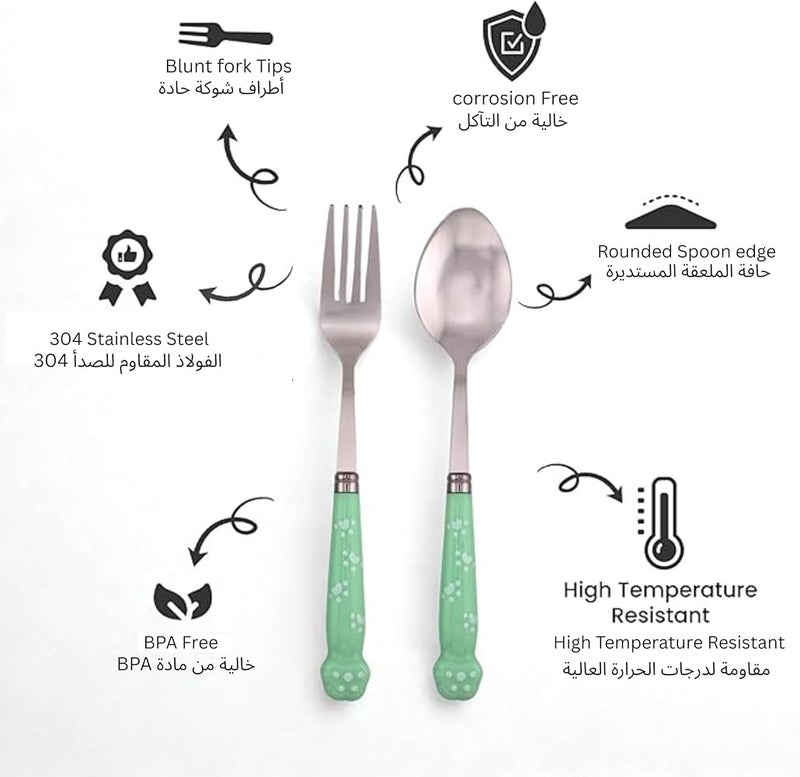 برين جيجلز مجموعة أدوات طعام للأطفال مع حقيبة أدوات طعام من الفولاذ المقاوم للصدأ بحواف مستديرة ومانعة لمادة BPA مجموعة ملعقة وشوكة لصندوق الغداء أدوات طعام للأطفال مزينة بنقوش وحقيبة قابلة للحمل (لون أخضر) - Image 2
