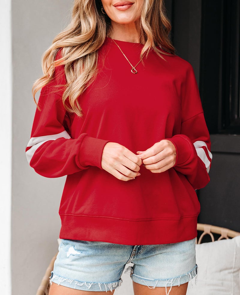 SELINK Womens Varsity Striped Oversized Sweatshirt Crewneck Long Sleeve Casual Fashion Pullover Top Fall Outfits Red-L - Image 2