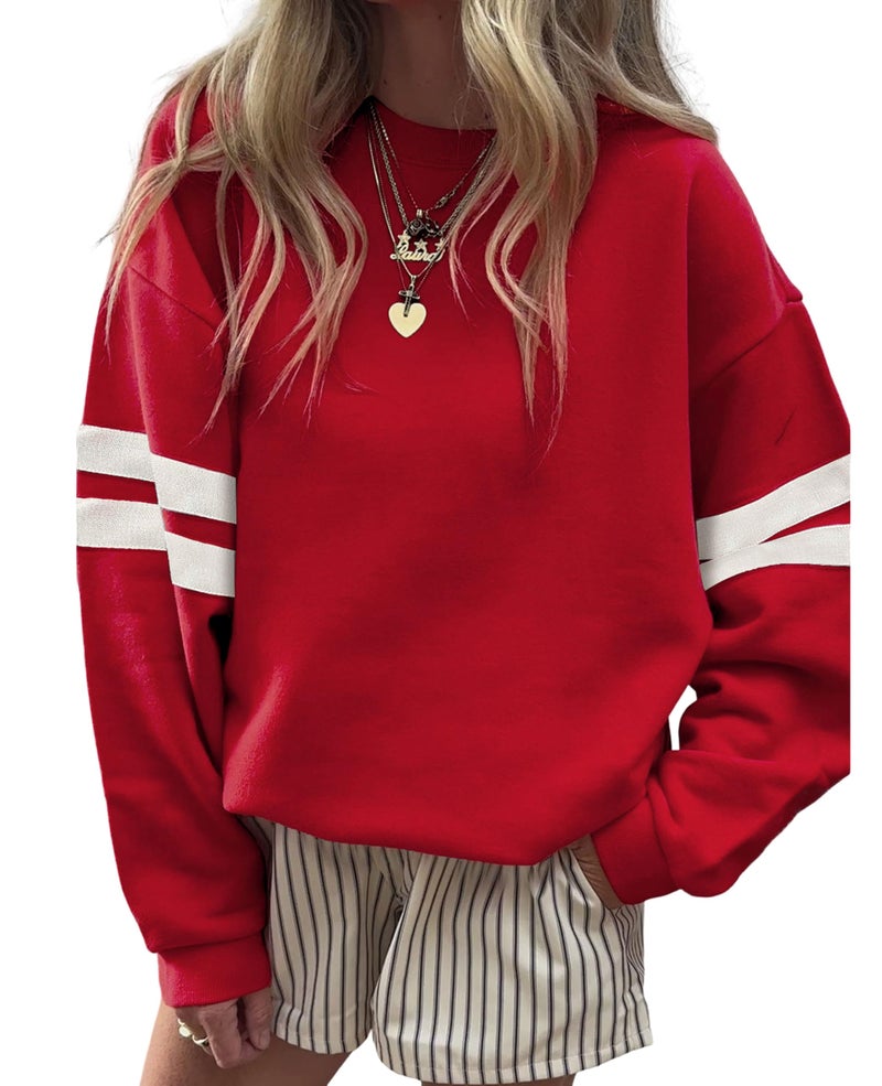SELINK Womens Varsity Striped Oversized Sweatshirt Crewneck Long Sleeve Casual Fashion Pullover Top Fall Outfits Red-L - Image 1