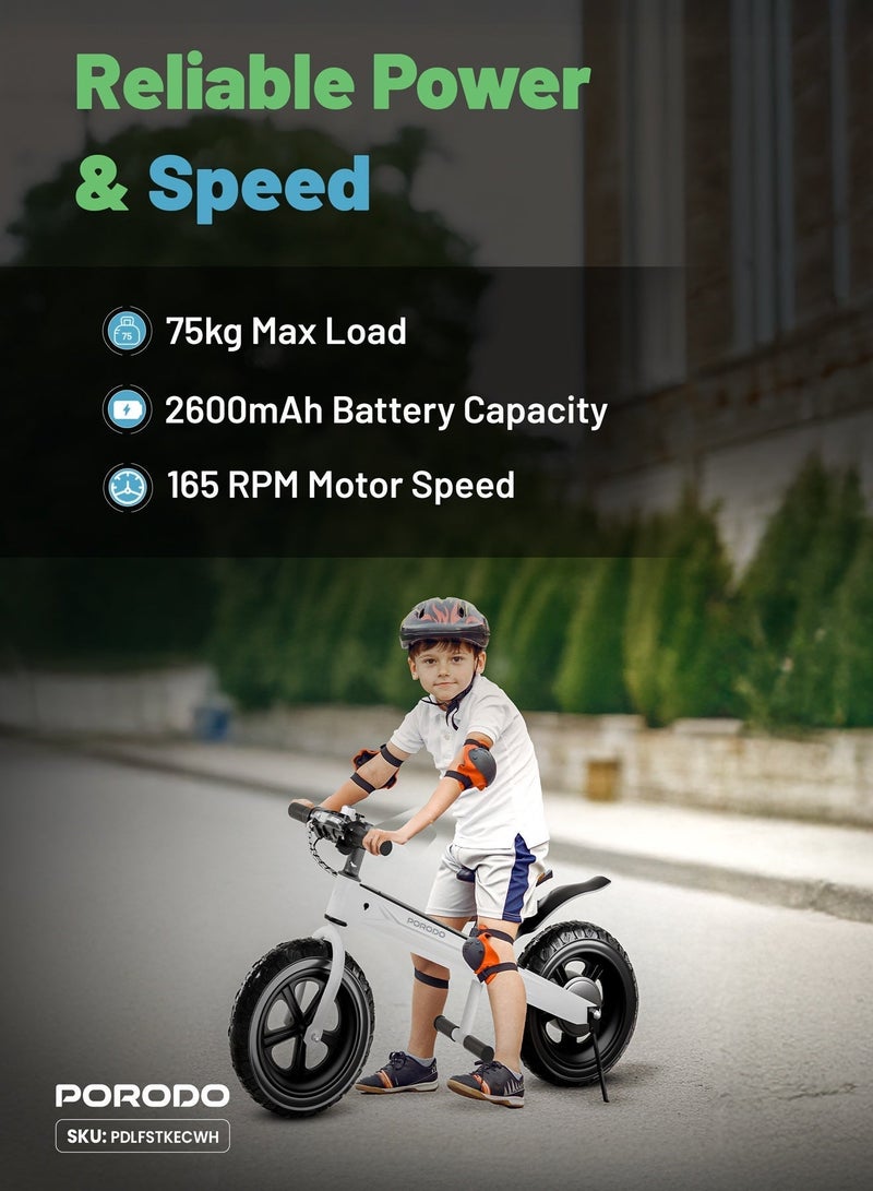 porodo 2600mAh Kids Electric Bike with 3 Gears / Kids Electric Bicycle with 6.5 inch Nonslip Wheels & LED Display / Maximum Speed - 15Km/H / Motor Speed - 165RPM - White - Image 3