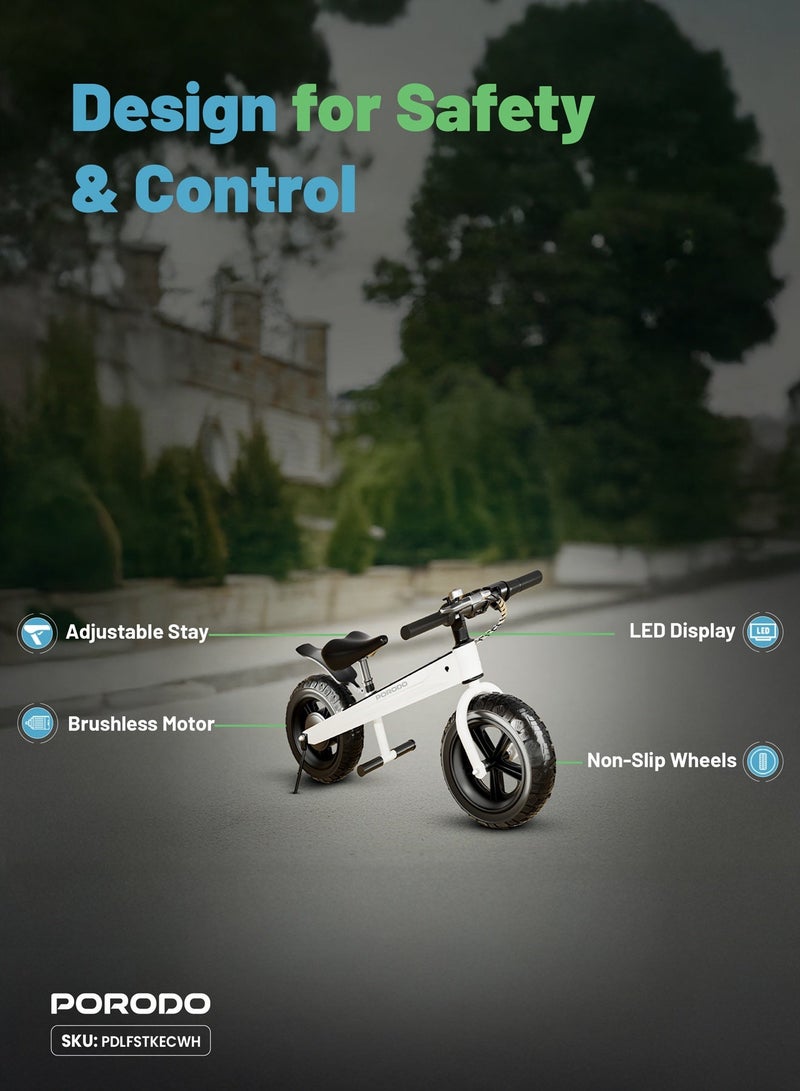 porodo 2600mAh Kids Electric Bike with 3 Gears / Kids Electric Bicycle with 6.5 inch Nonslip Wheels & LED Display / Maximum Speed - 15Km/H / Motor Speed - 165RPM - White - Image 4