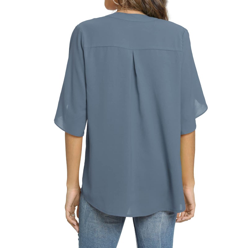 Funlingo Womens Blouses Short Sleeve Summer Tops Casual V Neck Chiffon Shirts Dressy 2025 Trendy Flowy Blouse Blue Grey L - Image 3