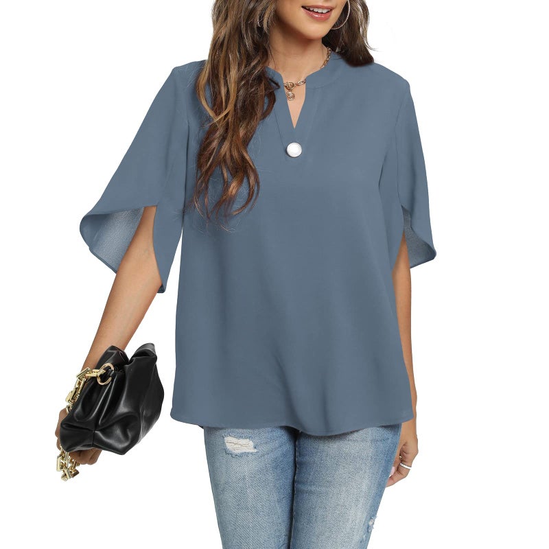 Funlingo Womens Blouses Short Sleeve Summer Tops Casual V Neck Chiffon Shirts Dressy 2025 Trendy Flowy Blouse Blue Grey L - Image 2