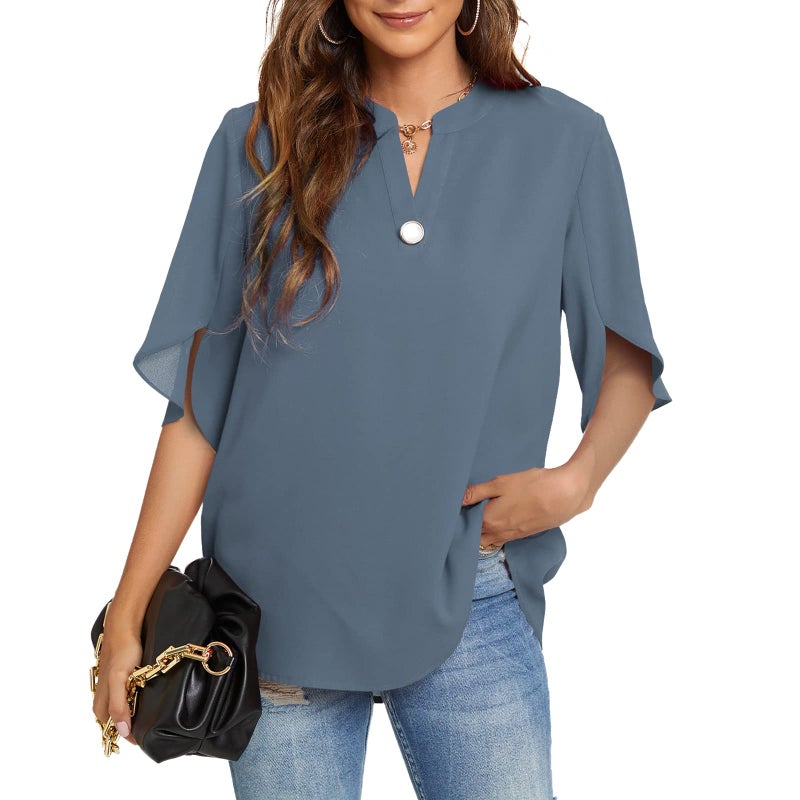 Funlingo Womens Blouses Short Sleeve Summer Tops Casual V Neck Chiffon Shirts Dressy 2025 Trendy Flowy Blouse Blue Grey L - Image 1