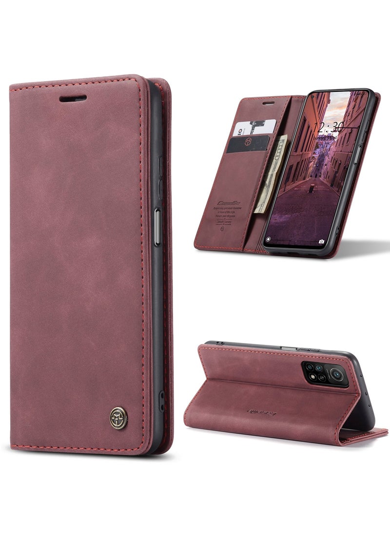 CaseMe Phone Case Luxury PU Leather Design 013 Flip Cover Card Slot Holder Cover For MI 10T/ MI 10T Pro  (Red) - Image 1