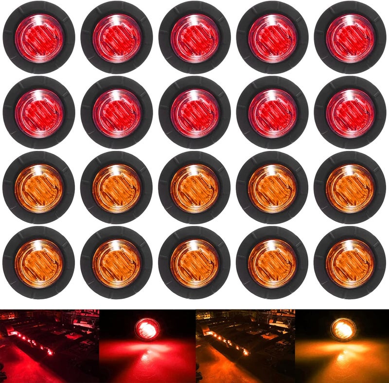KEING 10 Amber + 10 Red Sealed Waterproof 3/4 Inch Mini Round LED Bullet Side Marker Clearance Lamp Indicator Light Brake Stop Lamp 12V for Trailer Truck Bus Pickup Van ATV RV Lorry Caravan - Image 1