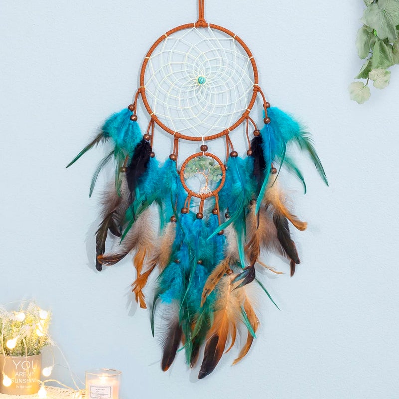 WOW DING Dream Catcher Blue Tree of Life with Feathers Handmade Indians Traditional Circular Net for Wall Hanging Decor Bedroom Kids Home Decoration Wedding Party Blessing Gift 