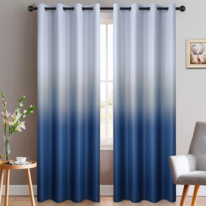 Yakamok Thermal Insulated Grommet Window Drapes Gradient Color Ombre Curtains Room Darkening Panels for Bedroom Blue 52x96 Inch Set of 2