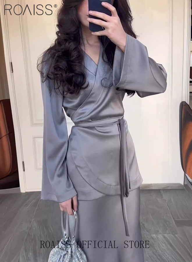 roaiss 2Pcs Temperament Satin Long Skirt Suit for Women V Neck Waisted Trumpet Sleeve Top and Hip Wrap Long Skirt Ladies Advanced Solid Color Elegant Comfortable Skin-Friendly Slim Set - Image 4