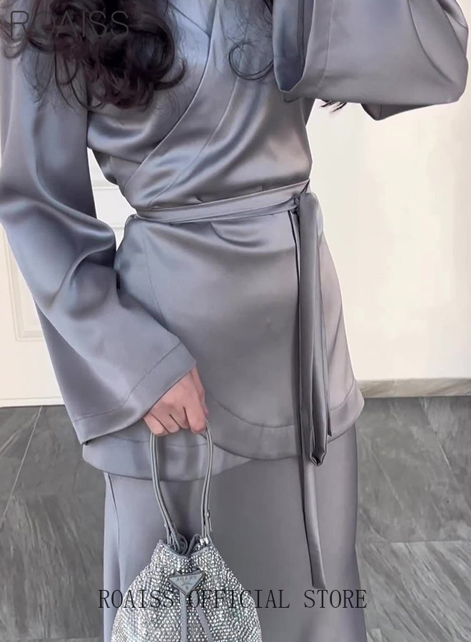 roaiss 2Pcs Temperament Satin Long Skirt Suit for Women V Neck Waisted Trumpet Sleeve Top and Hip Wrap Long Skirt Ladies Advanced Solid Color Elegant Comfortable Skin-Friendly Slim Set - Image 2
