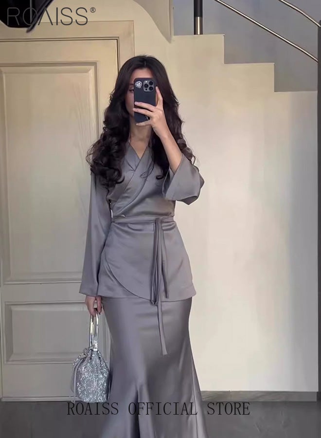 roaiss 2Pcs Temperament Satin Long Skirt Suit for Women V Neck Waisted Trumpet Sleeve Top and Hip Wrap Long Skirt Ladies Advanced Solid Color Elegant Comfortable Skin-Friendly Slim Set - Image 3