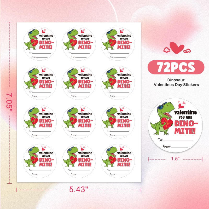 FLYAB Valentines Stickers for Kids 72PCS 1.5 Inch You are Dino-Mite Valentine Labels Circle Valentines Day Tags for Gifts to and from Gift Tags Envelope Seals - Image 2