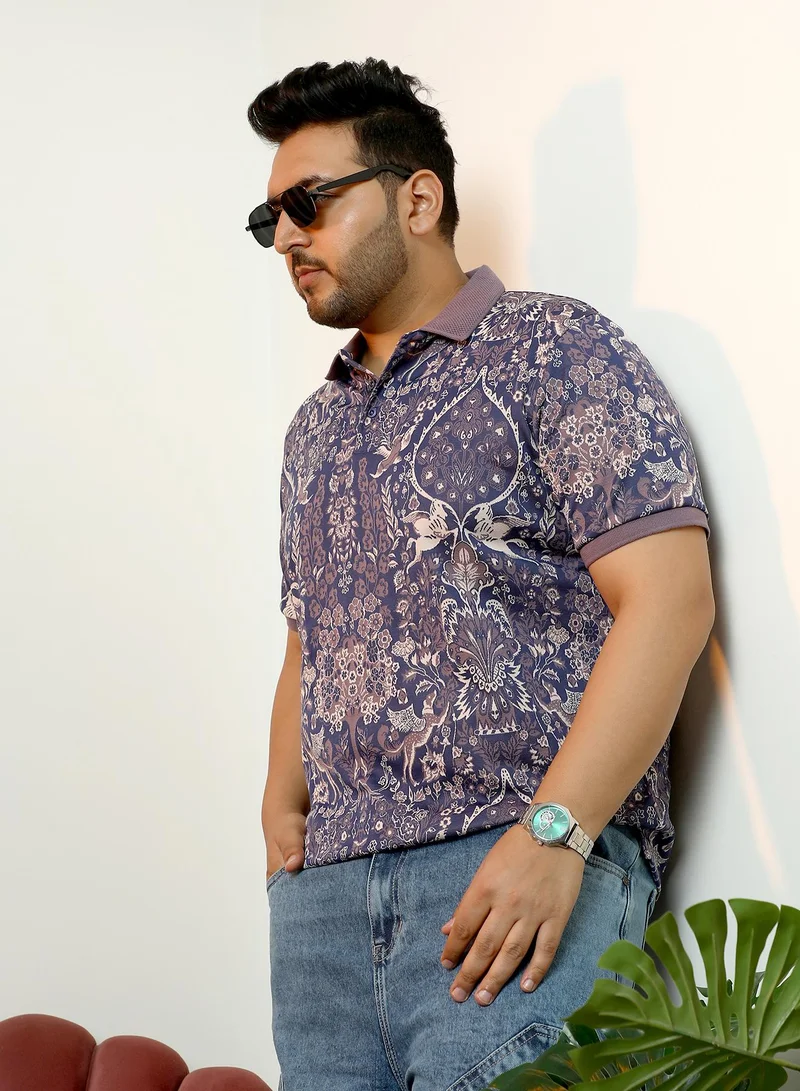 انستافاب بلس Instafab Plus Men's Blue & Purple Indie Floral Jacquard-Knit Polo T-Shirt | Polo Neck , Short Sleeve , Button Closure , Straight Hem | Botanical Jacquard Cotton-Blend For Casual & Evening Wear