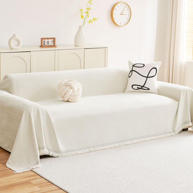 hyha Couch Cover for Dogs, Boho Sofa Covers for 3 Cushion Couch Washable, Chenille Sofa Slipcover for Pets, Soft Loveseat Sectional Couch Throw Blankets with Tassels (Beige, 71x118 Inch) - Image 2