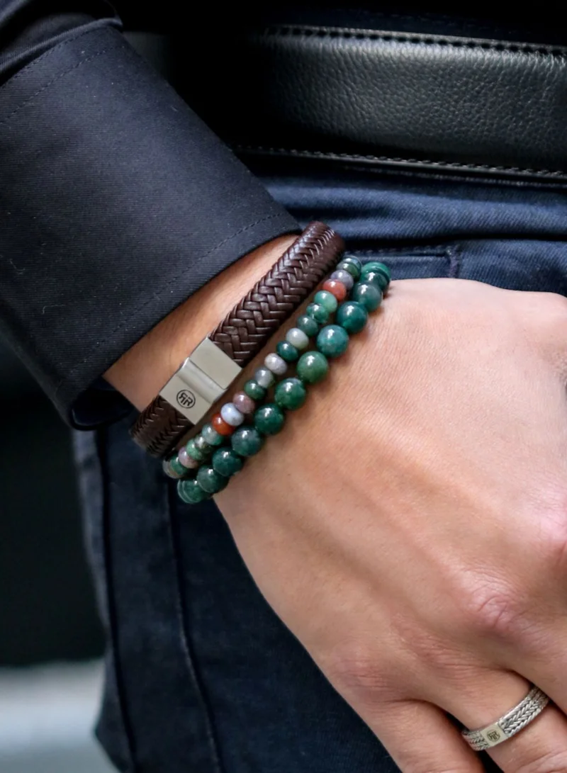 Rebel & Rose Men's Full Metal Herringbone Leather Bracelet, 12 mm, Brown Matt