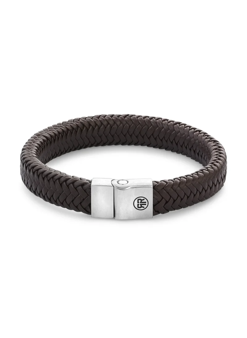 Rebel & Rose Men's Full Metal Herringbone Leather Bracelet, 12 mm, Brown Matt