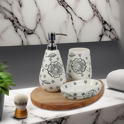 Kaolinite Ceramic Bathroom Accessories Set for Utility and Bathroom Decor | Liquid Soap Dispenser, soap Tray, Toothbrush Holder Hand Crafted Classy/Elegant White - Image 1