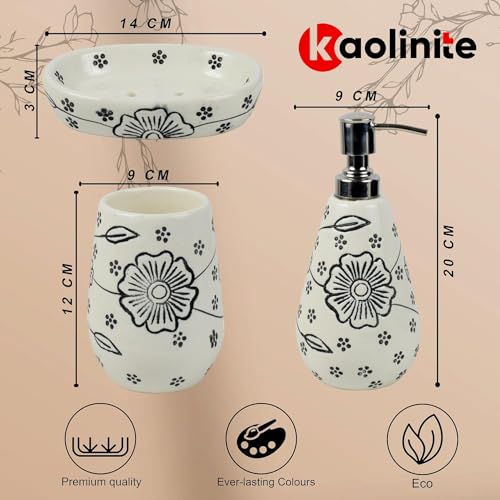 Kaolinite Ceramic Bathroom Accessories Set for Utility and Bathroom Decor | Liquid Soap Dispenser, soap Tray, Toothbrush Holder Hand Crafted Classy/Elegant White - Image 2