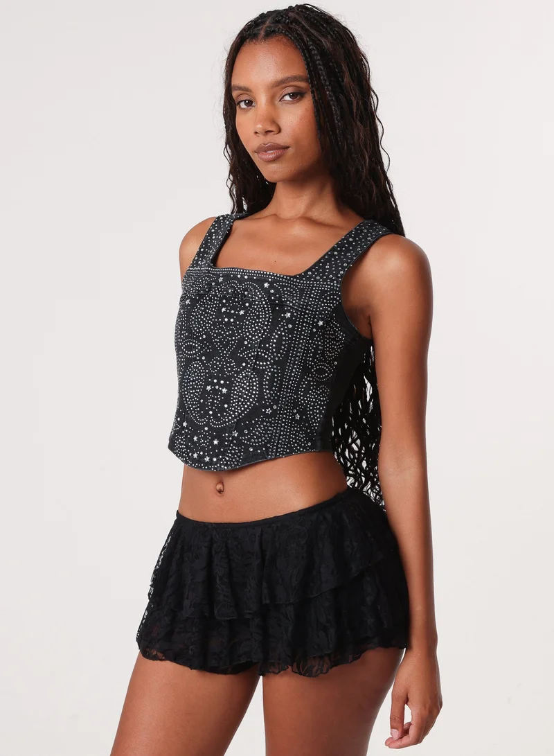 بينك فانيلا بلوزة كورست من الدنيم المرصع بالألماس