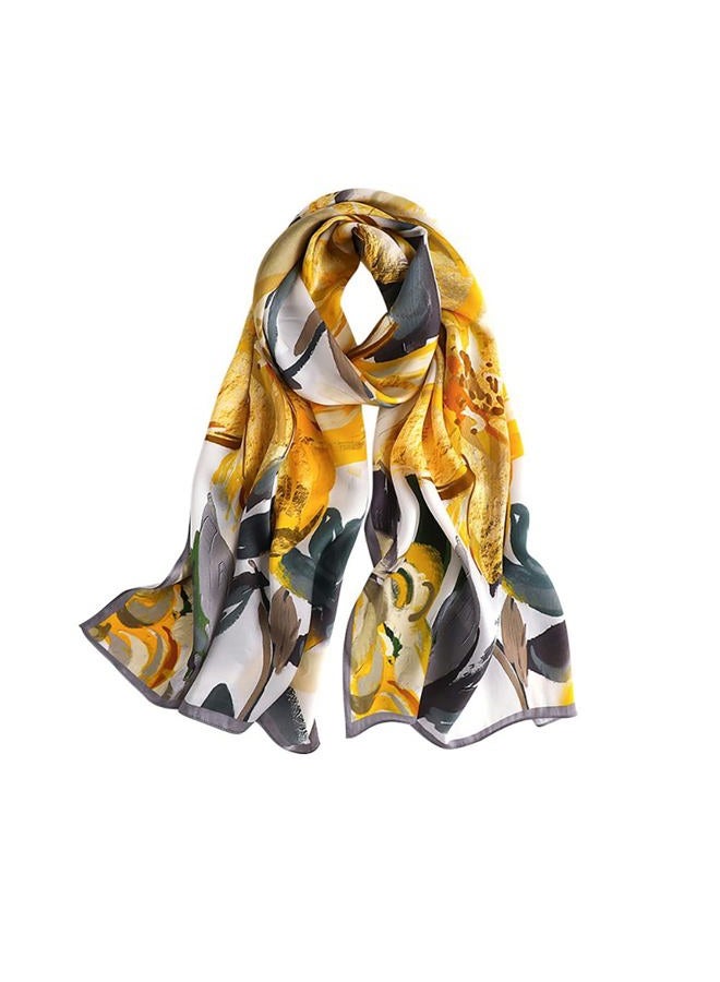 MEISEE 100% Mulberry Silk Long Scarf for Women Large Oblong Sunscreen Shawls Wraps Neck Headscarf Hair Wraps Gift Packed, 23-yellow Flowers, 67*21in - Image 1