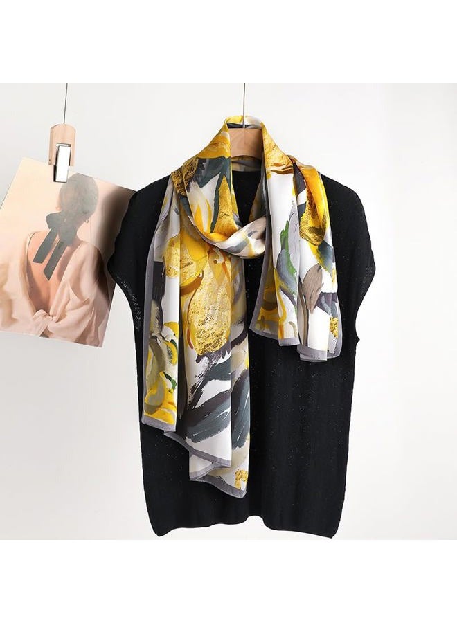 MEISEE 100% Mulberry Silk Long Scarf for Women Large Oblong Sunscreen Shawls Wraps Neck Headscarf Hair Wraps Gift Packed, 23-yellow Flowers, 67*21in - Image 2