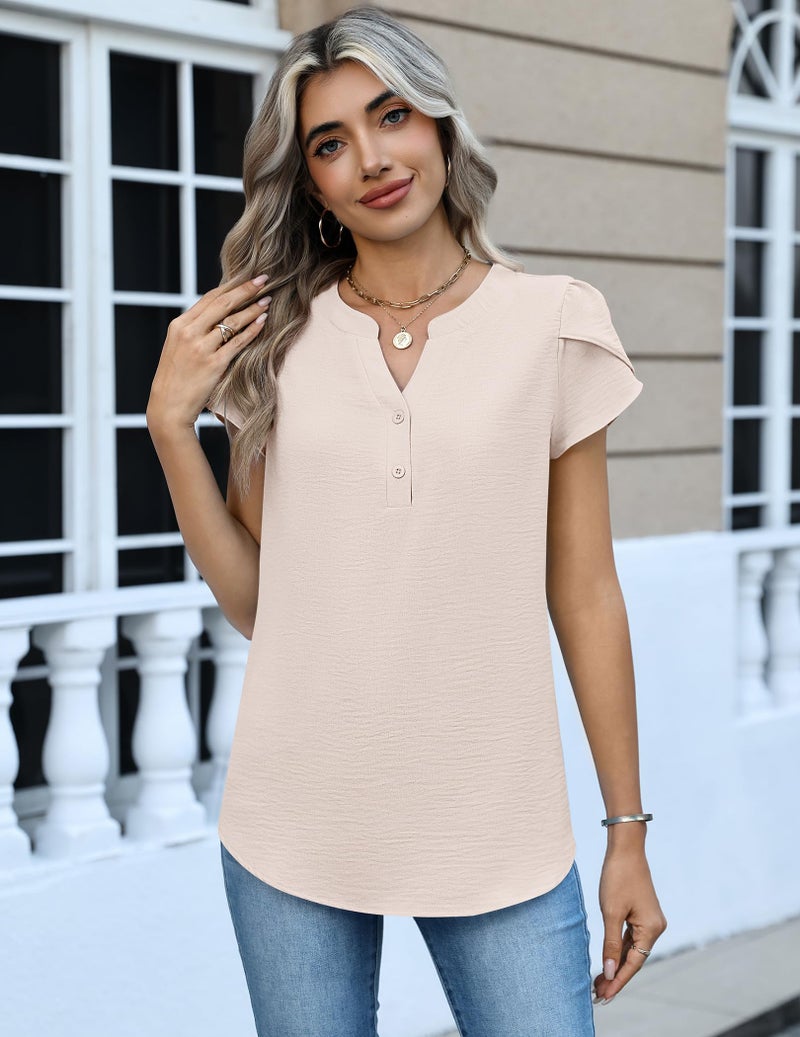 Zeagoo Womens Tops 2026 Spring Shirts Cap Short Sleeve Tshirts Business Casual Dressy Blouses Button Up Clothes Khaki - Image 5