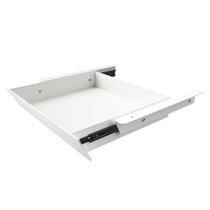 Gaxomo White Under Desk Mounted Sliding Drawer with 60 Degree Tilt Panel to pull out, 15'' long & 9'' deep Large Storage Organizer for Sit Stand Workstation