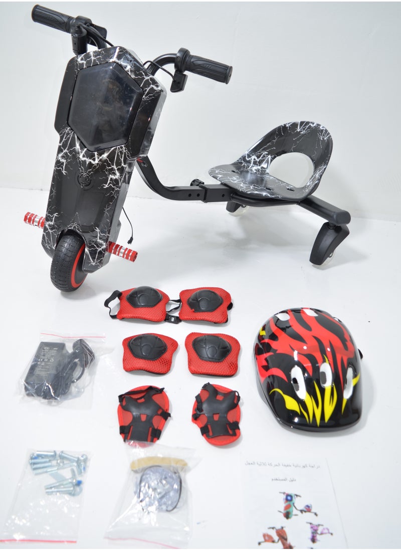 Electric Scooter Drift Small with a Power of 36 Volts with a Helmet Protection for the Knees Elbows and Wrists. It has Two Esper Keys and Wonderful Lighting Under the Seat and From the Front