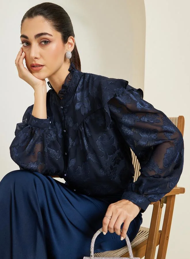 Styli  Women Jacquard Balloon Sleeve Blouse with Ruffle Detail for Women | Best Price UAE