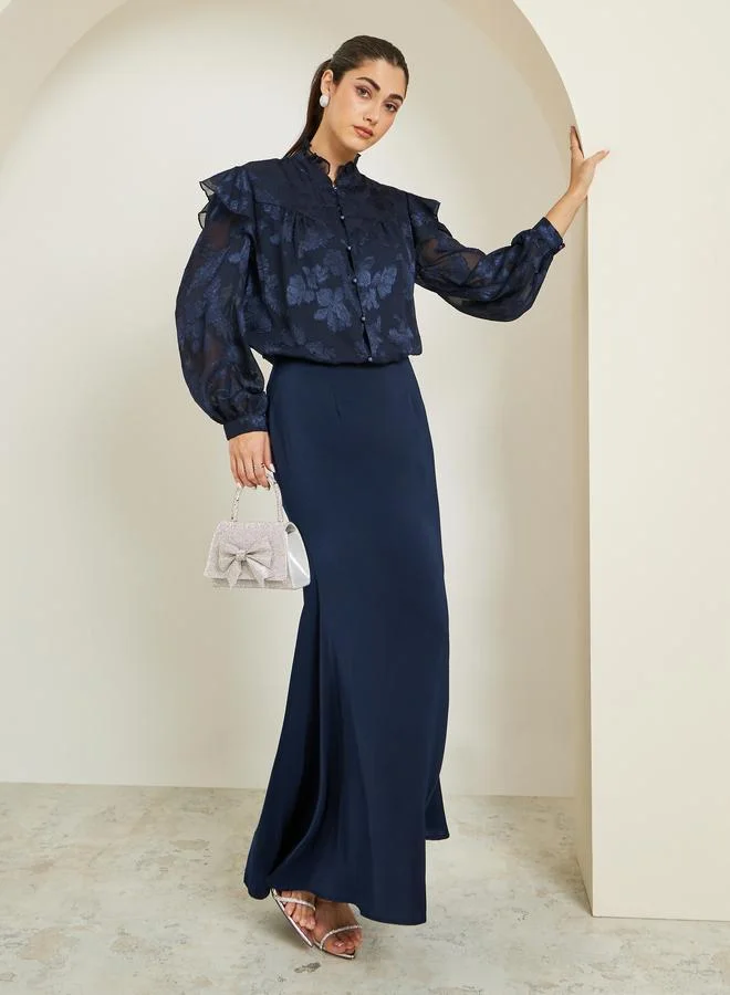 Styli  Women Jacquard Balloon Sleeve Blouse with Ruffle Detail for Women | Best Price UAE