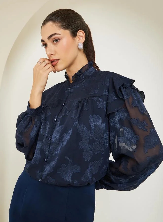 Women Jacquard Balloon Sleeve Blouse with Ruffle Detail