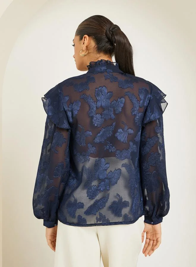 Styli  Women Jacquard Balloon Sleeve Blouse with Ruffle Detail for Women | Best Price UAE