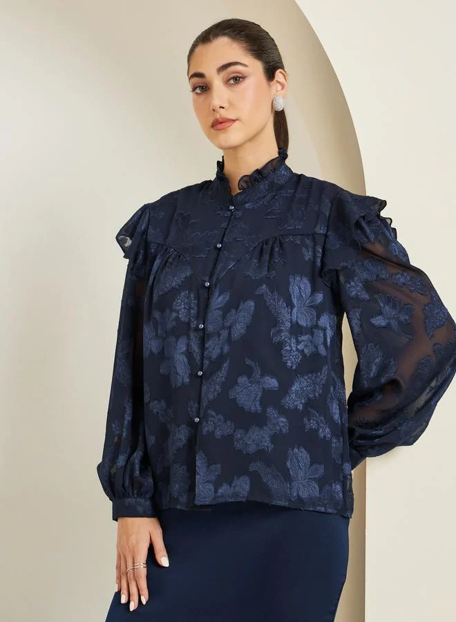 Styli  Women Jacquard Balloon Sleeve Blouse with Ruffle Detail for Women | Best Price UAE
