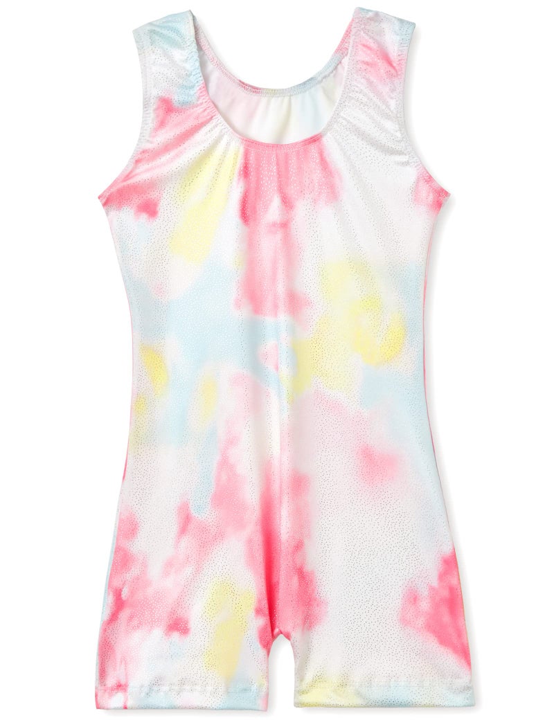 TENVDA Leotards for Girls Gymnastics Biketard with Short Size 1t 2t Sparkly Yellow Pink Tie Dye One-Piece Toddler Kids Unitard - Image 2